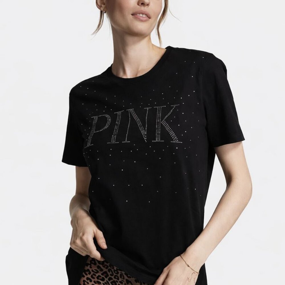 Victoria's Secret PINK Campus Short Sleeve Tee (Pure Black Shine)